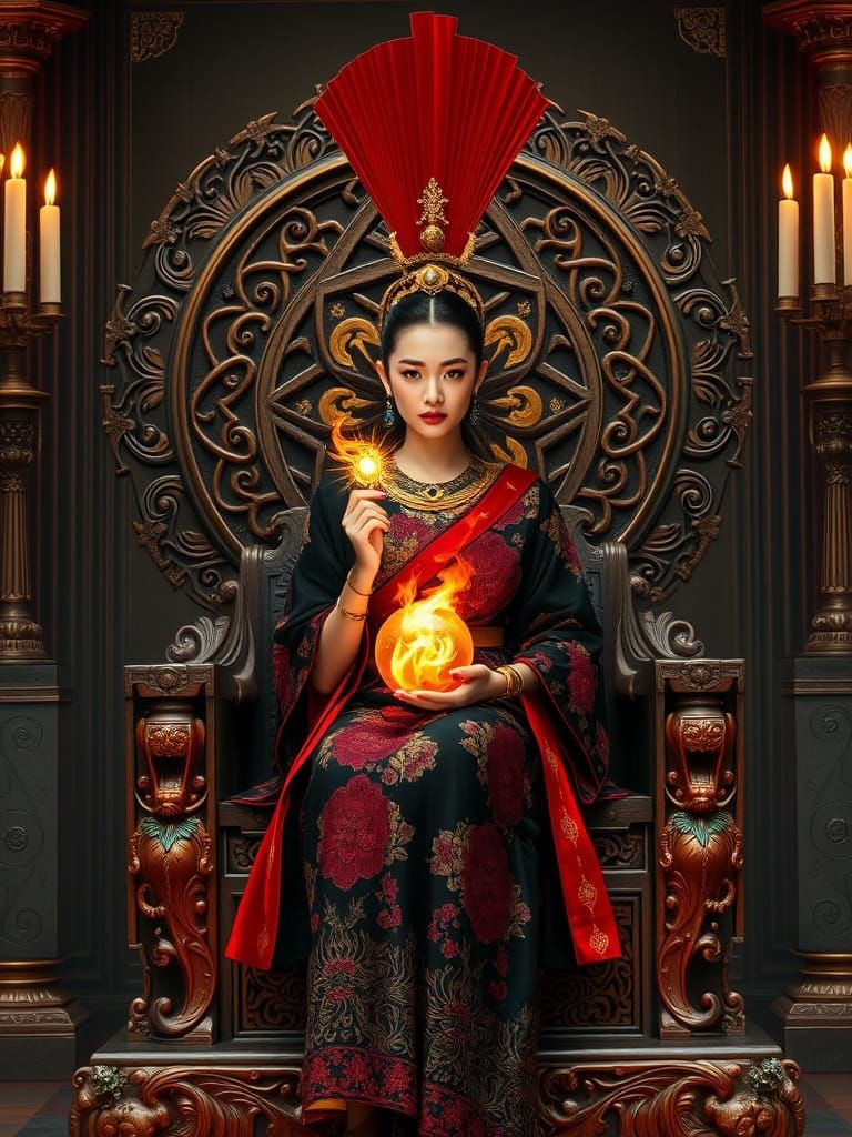 Ornate Southeast Asian Woman on Throne with Orb