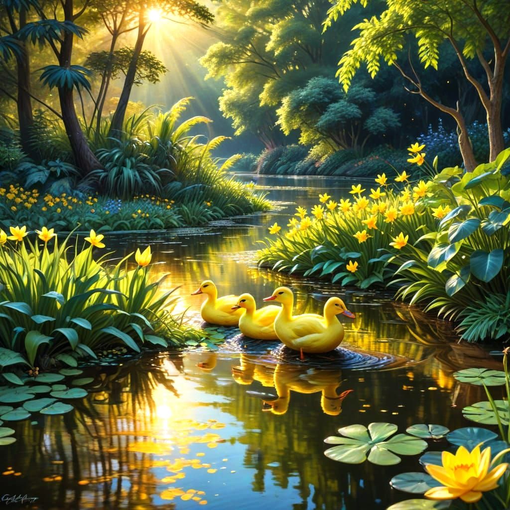 Vibrant Garden Scene with Rubber Ducks and a Heron in Acryli...