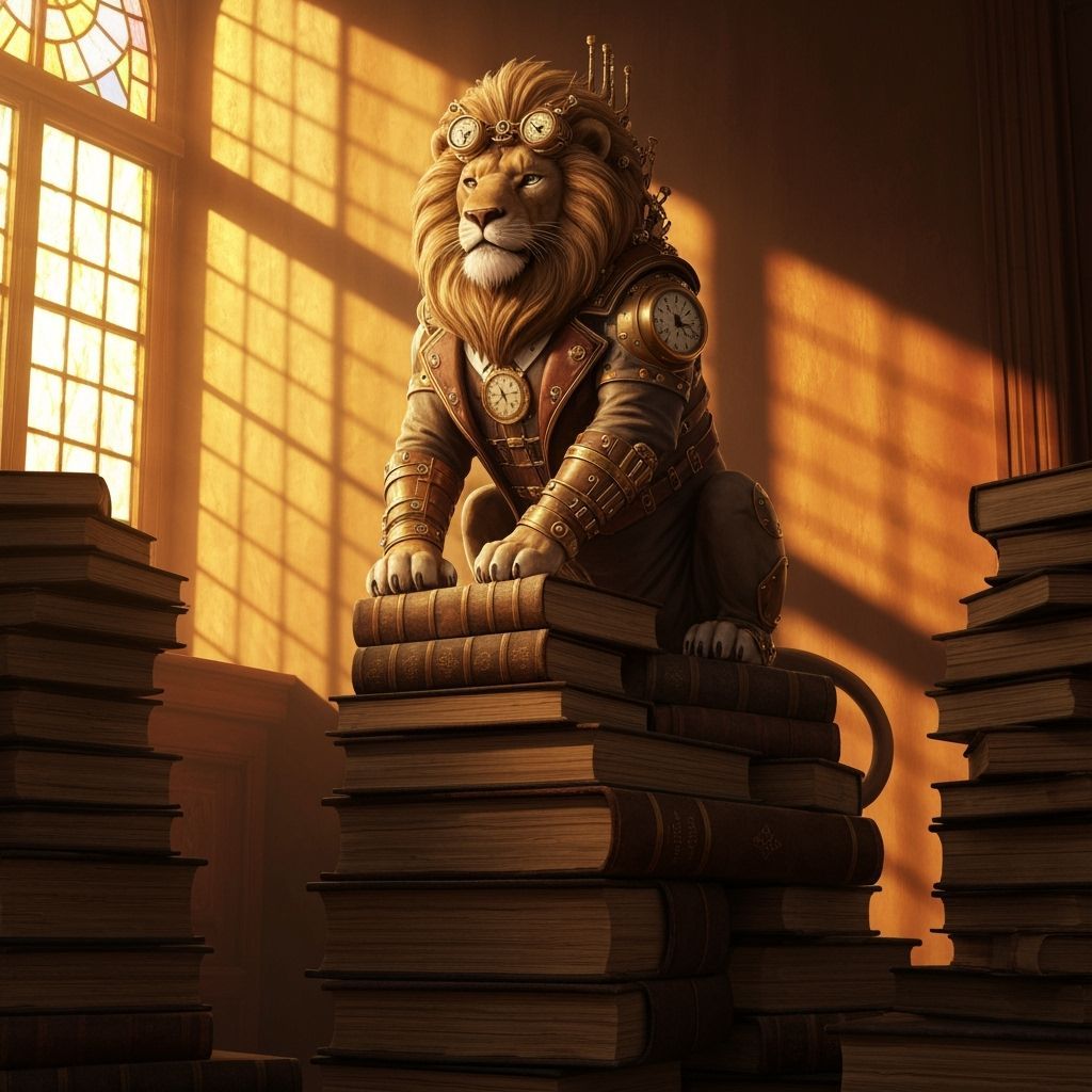Steampunk Lion King on Books, Golden Sunlight