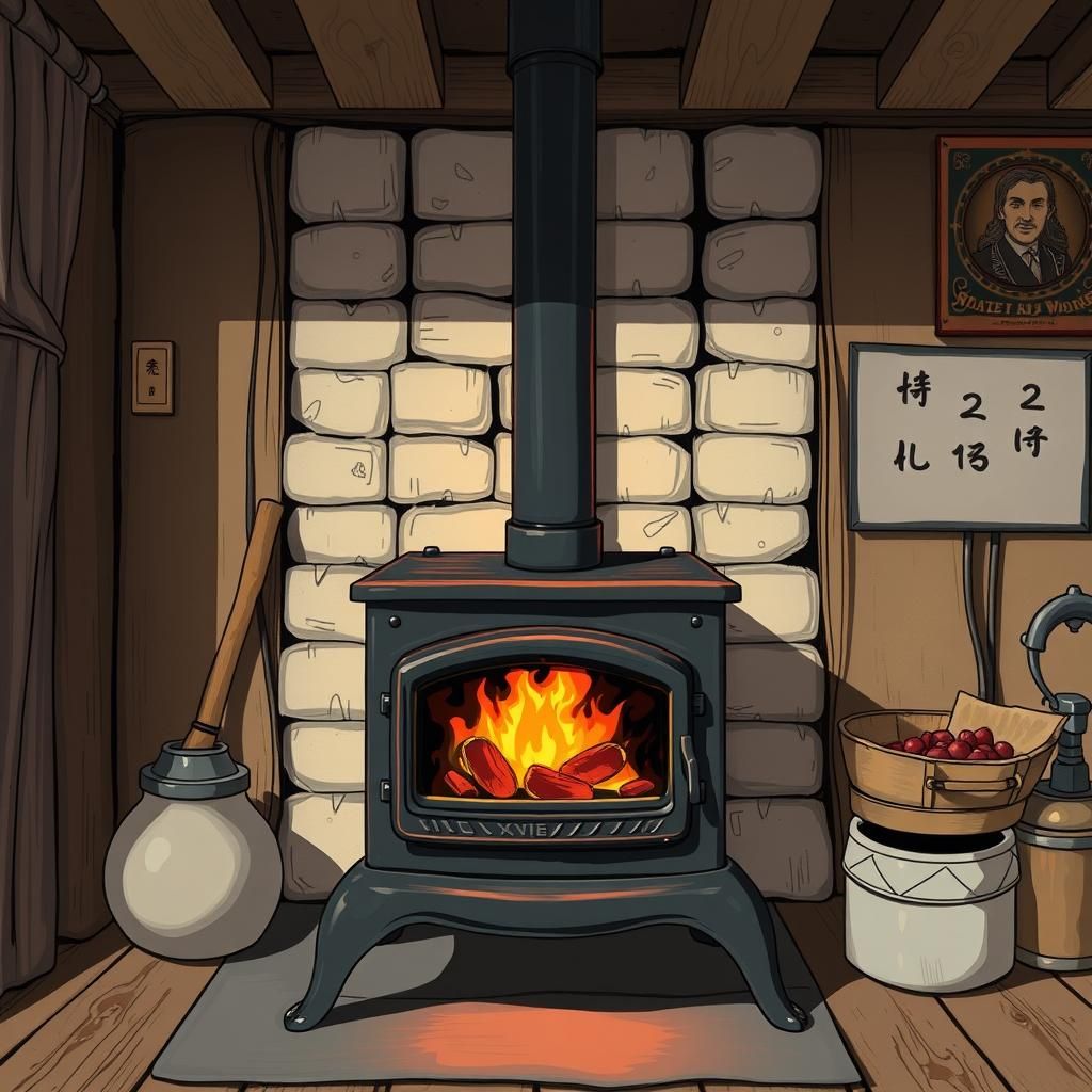 Cast Iron Wood Stove in Anime Style