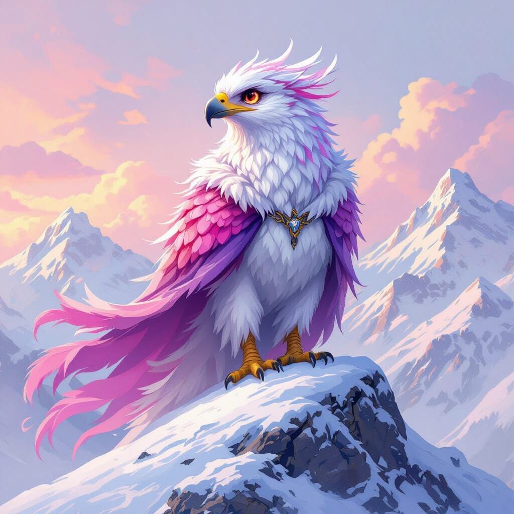 Griffin with Pink and Purple Feathers on Snowy Peak