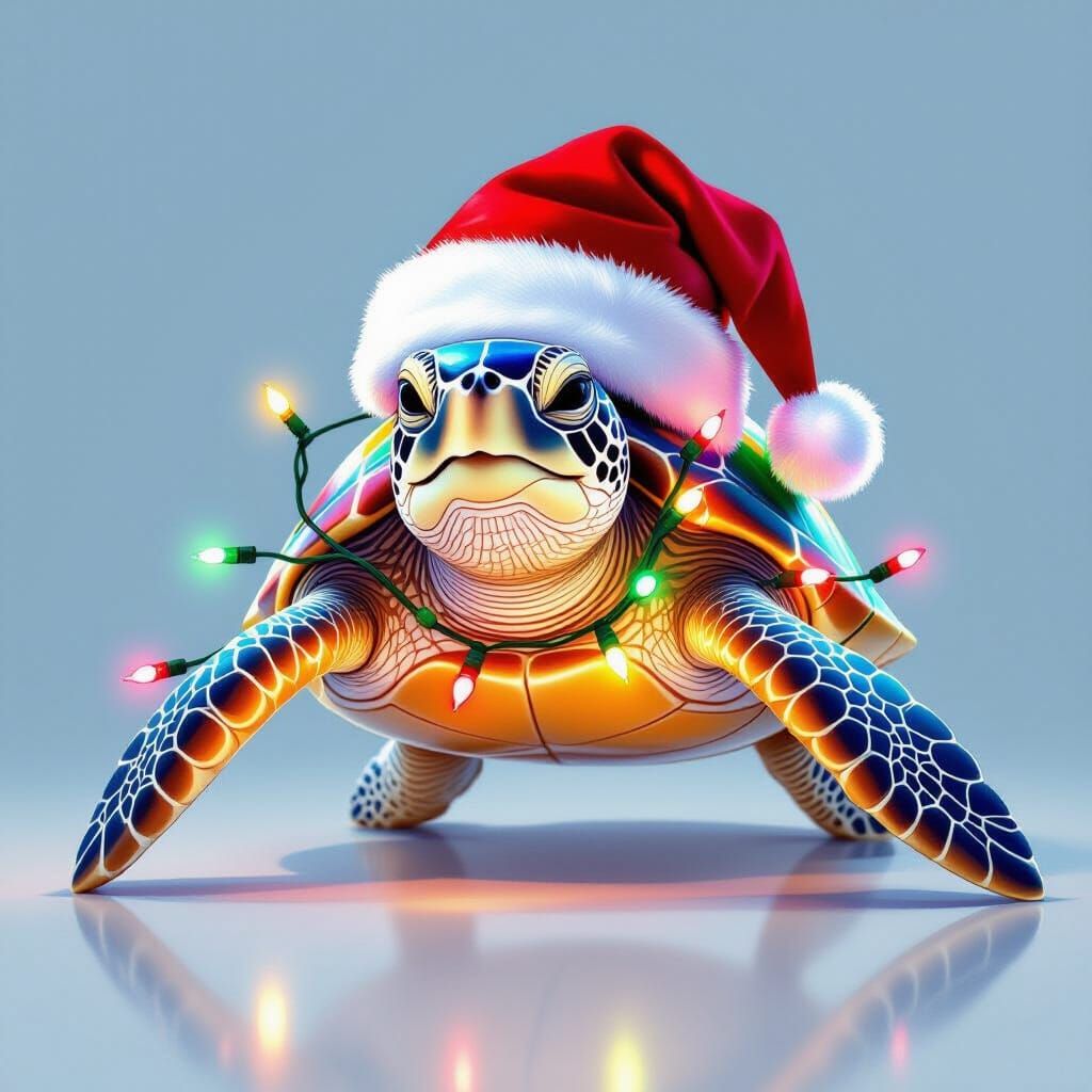 Festive Sea Turtle in Santa Hat with Twinkling Lights