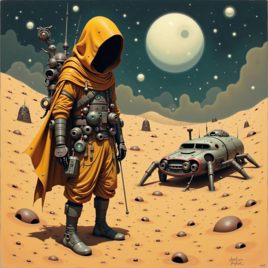 Hooded Jawa in Desert Landscape: Retro Sci-Fi Style