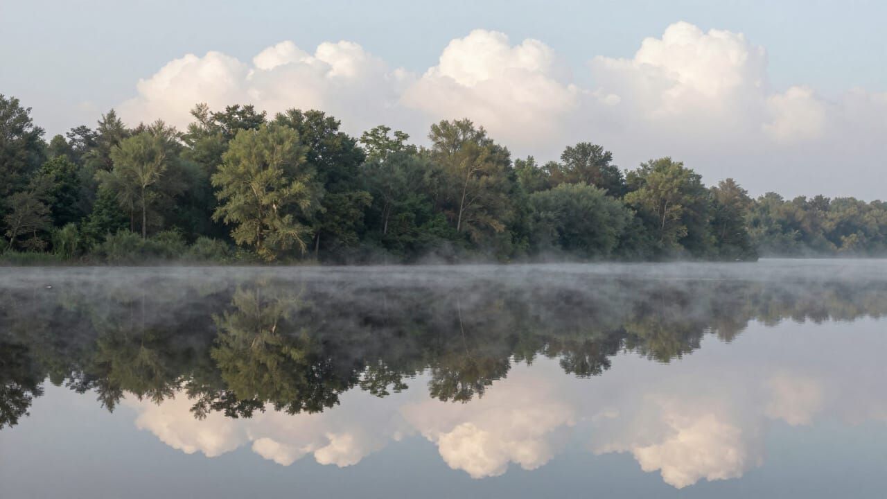 Glassy Lake Reflects Serene Landscape in Bierstadt Style