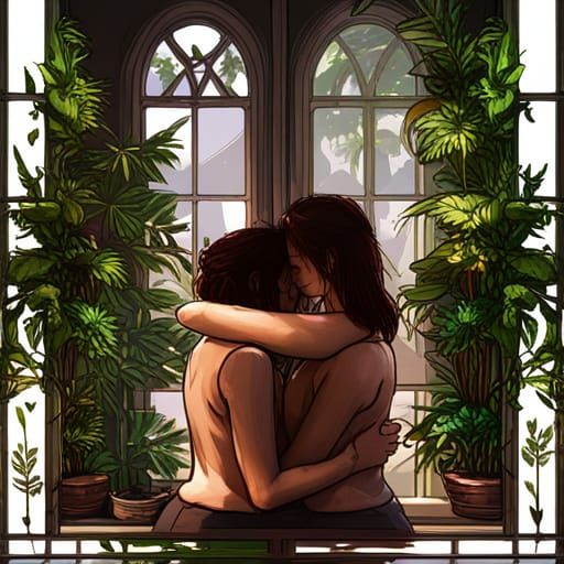 Lesbian Couple Embrace in Plant-Filled Room