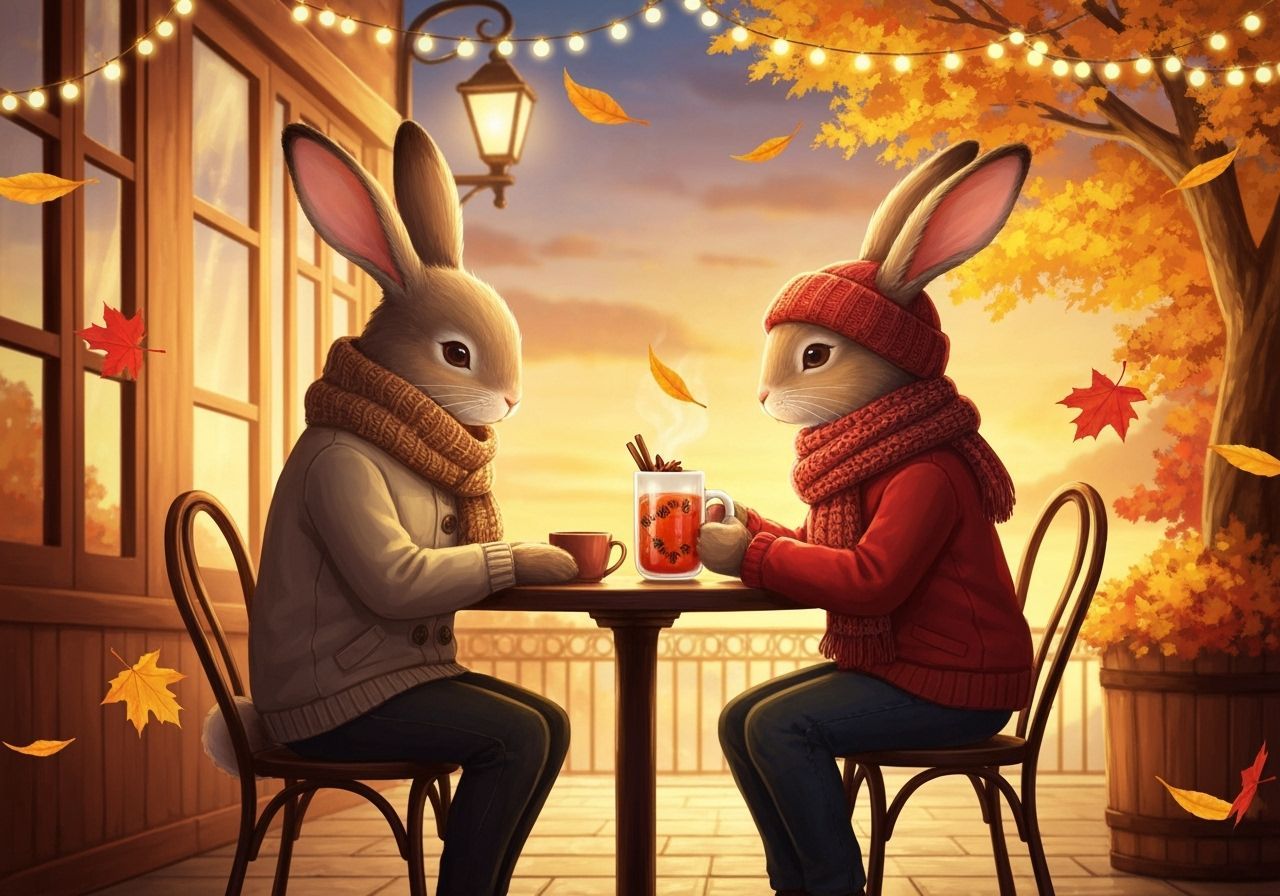 Rabbit Couple Share Autumn Cider in Cozy Cafe