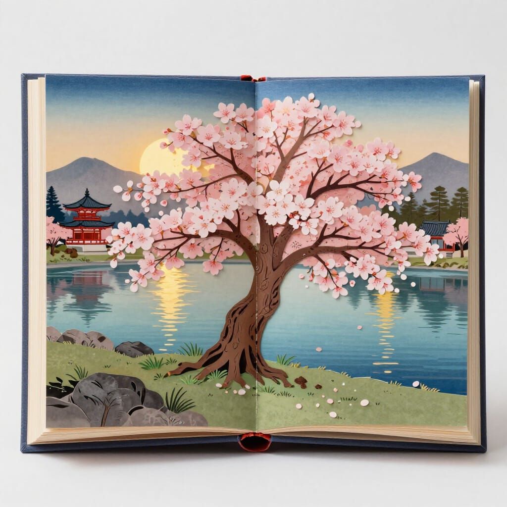 Ancient sakura tree in front of a lake.