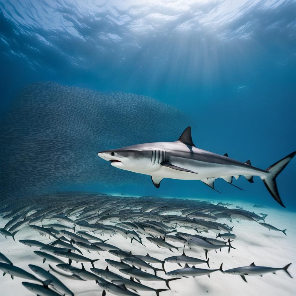 Thresher Shark Among Sardines in Clear Water