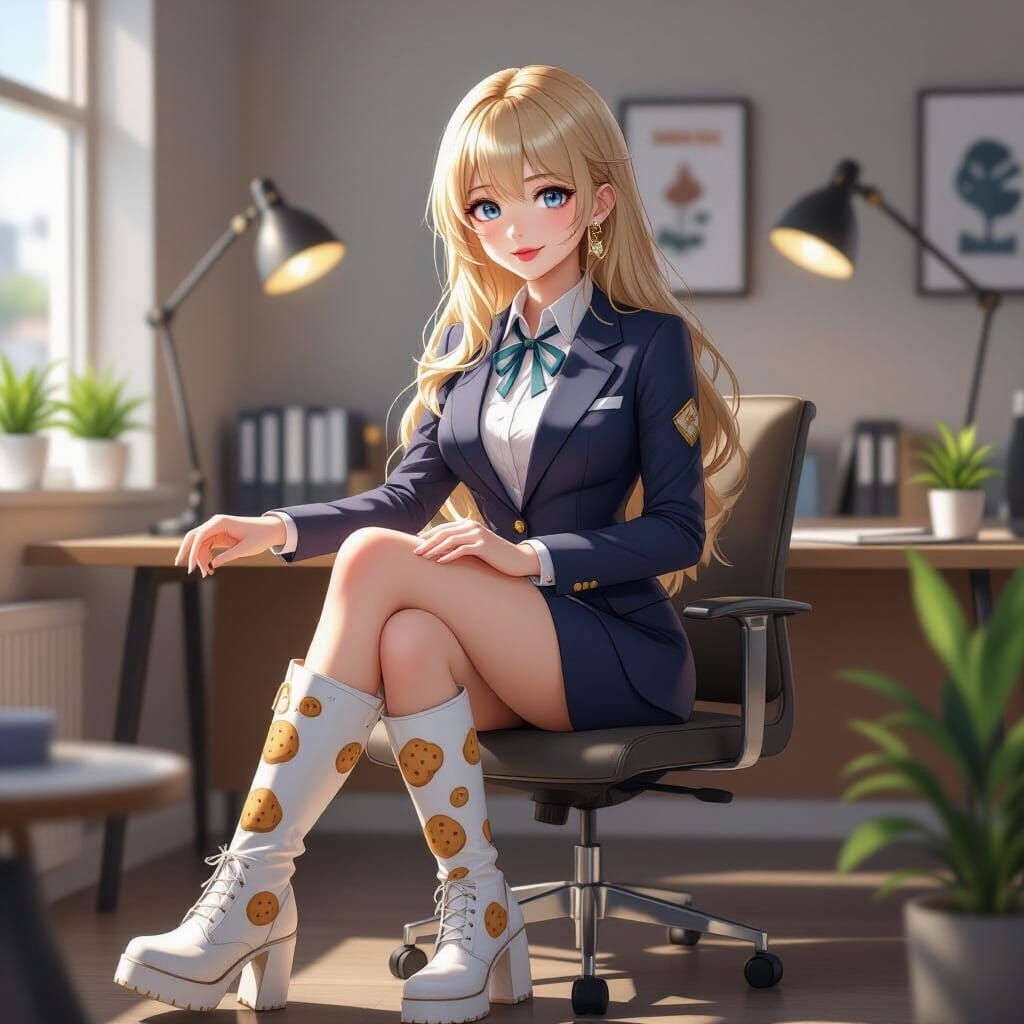 Adorable Anime Woman in Biscuit-Print Boots