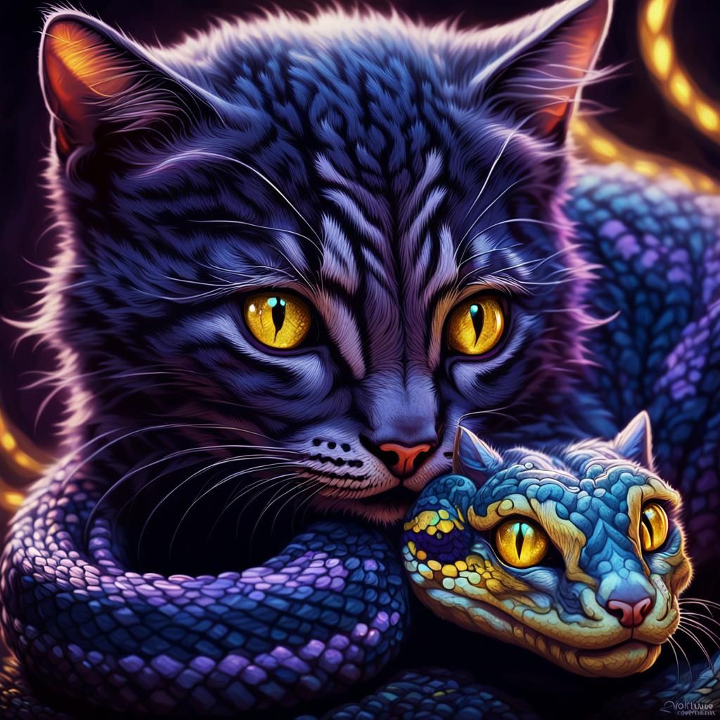 Kitten and Snake Stare in Dark Fantasy Art