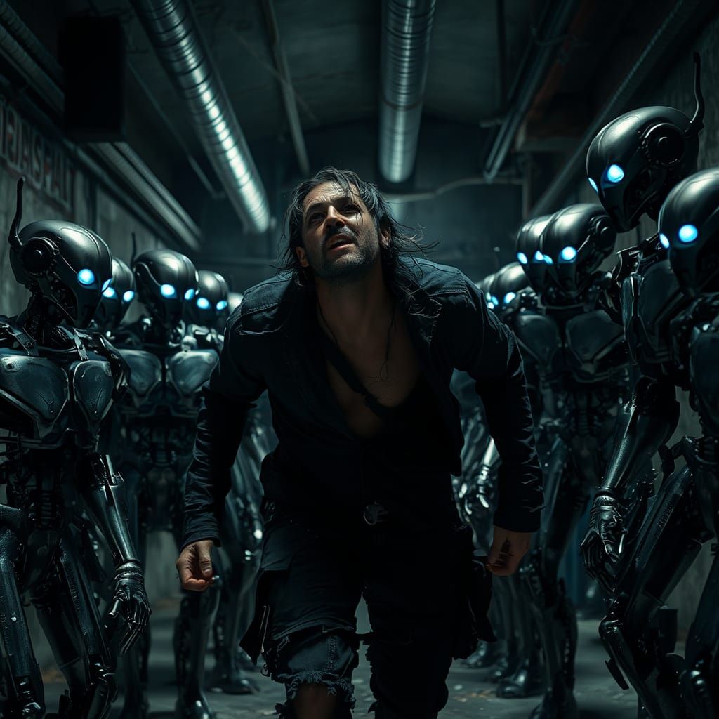 Intruder Surrounded by Automatons in Dystopian Setting