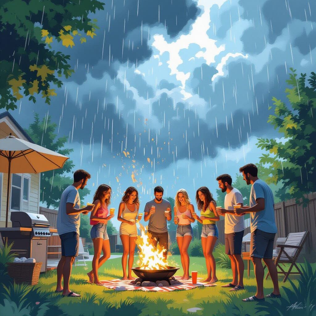 Rainy BBQ Party in Digital Painting Style