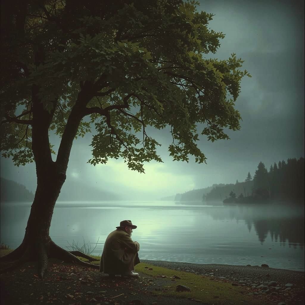 Stormy Weather Scene with Old Man Under Tree