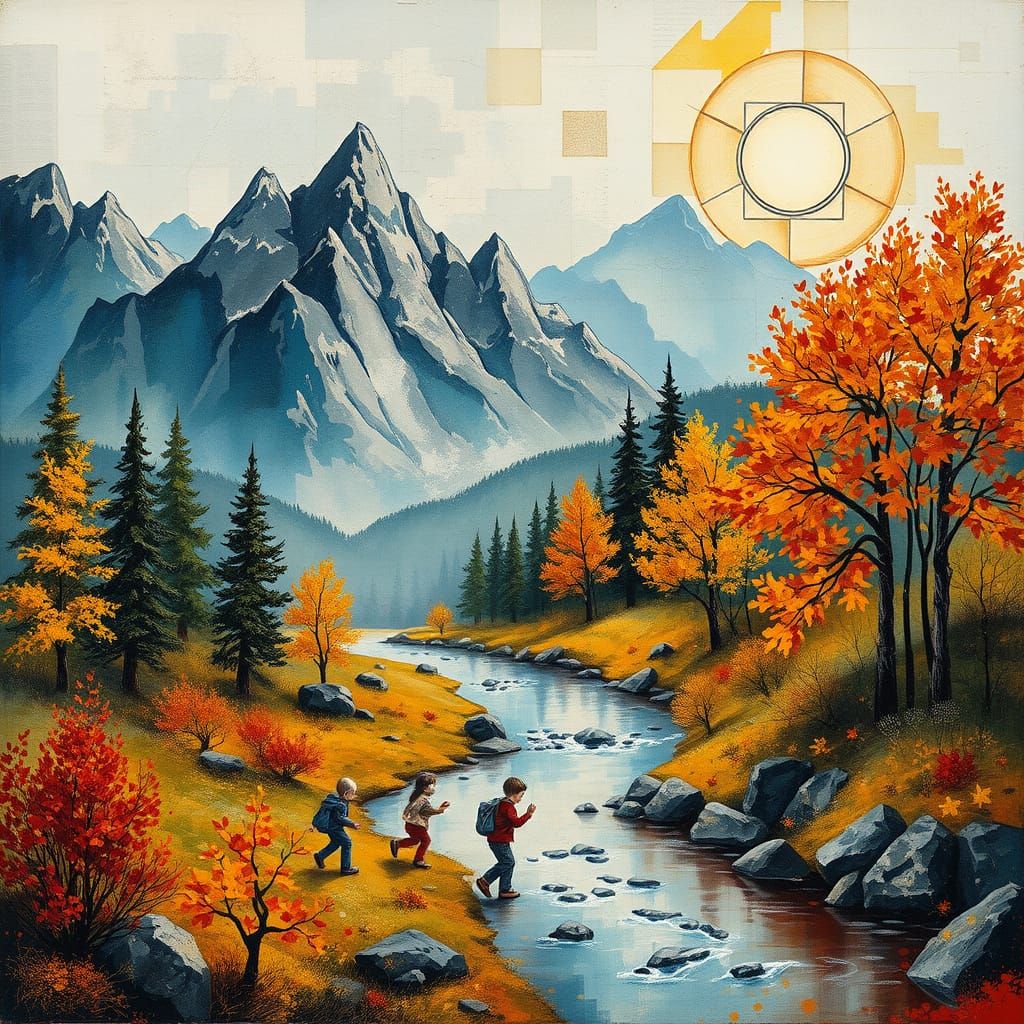 Ethereal Autumn Landscape with Children Playing