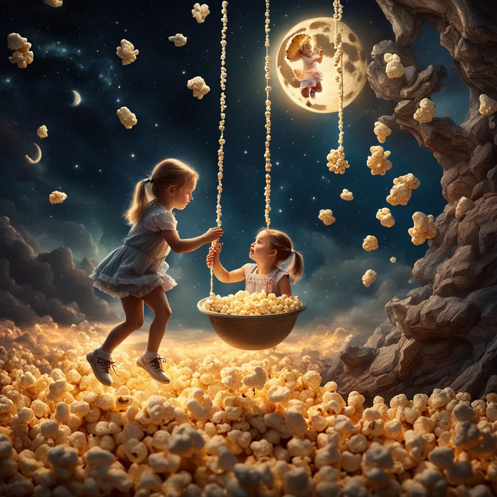 Girl and Fairy Swinging on the Moon