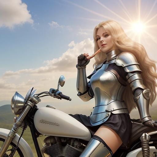 Motorbike Woman Licking Knight in Sunrise