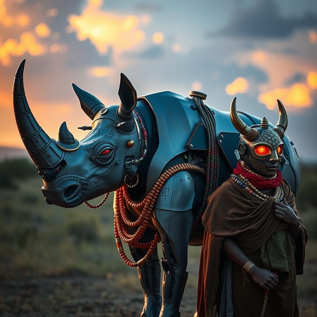 Afrofuturist Masai Cyborg Rhino in Golden Hour