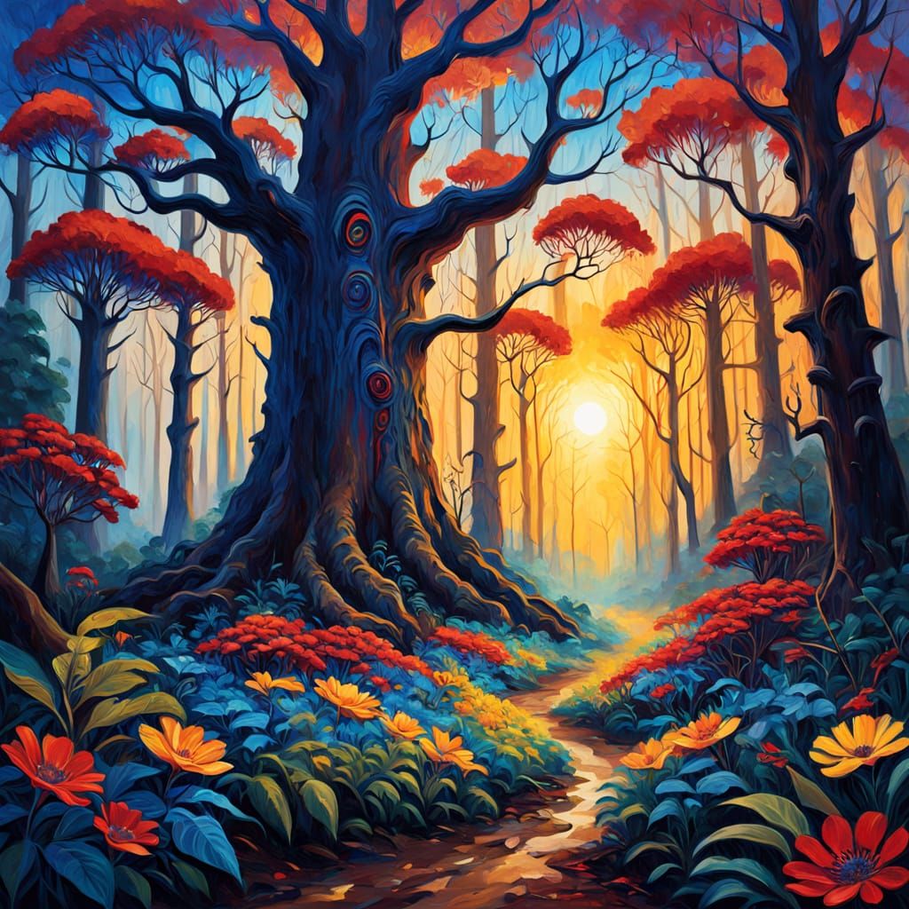 Lush Mystical Forest at Dawn: Maximalist Oil Painting