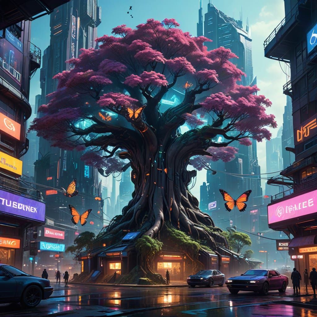 Cyberpunk Tree of Life Dominates Futuristic Cityscape