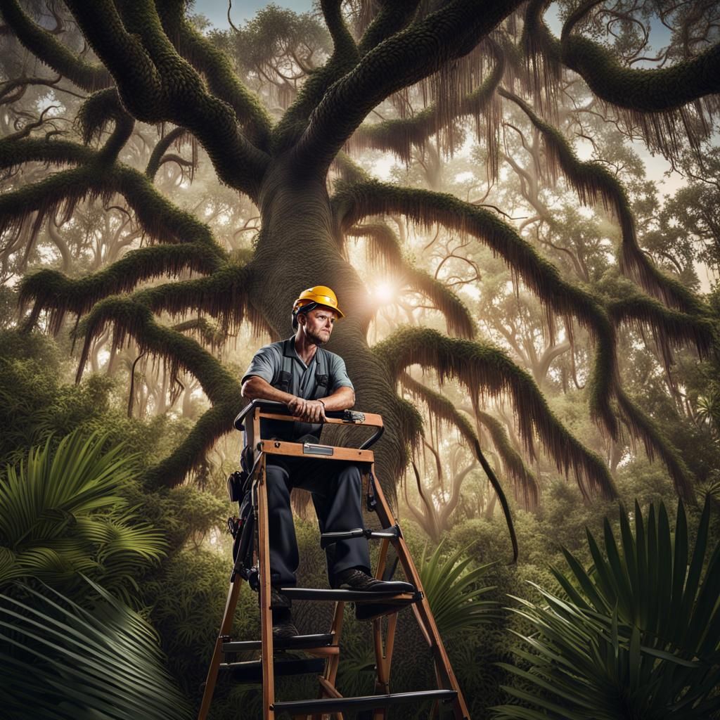Florida Arborist Examining Live Oak in Forest Canopy