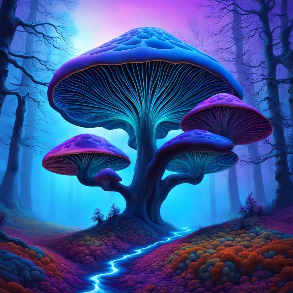 Eerie Trees and Mushrooms in Neon Moonlight