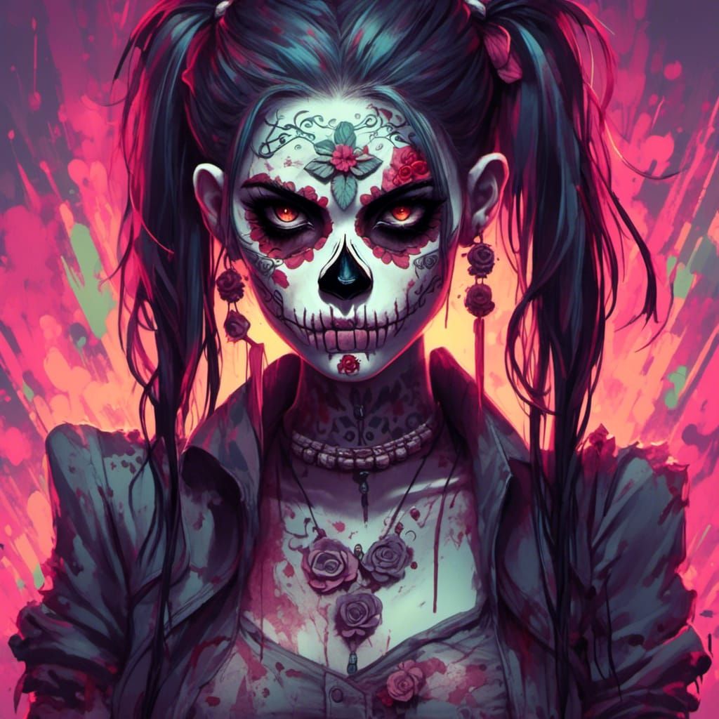 Graffiti Zombie Girl with Sugar Skull Makeup