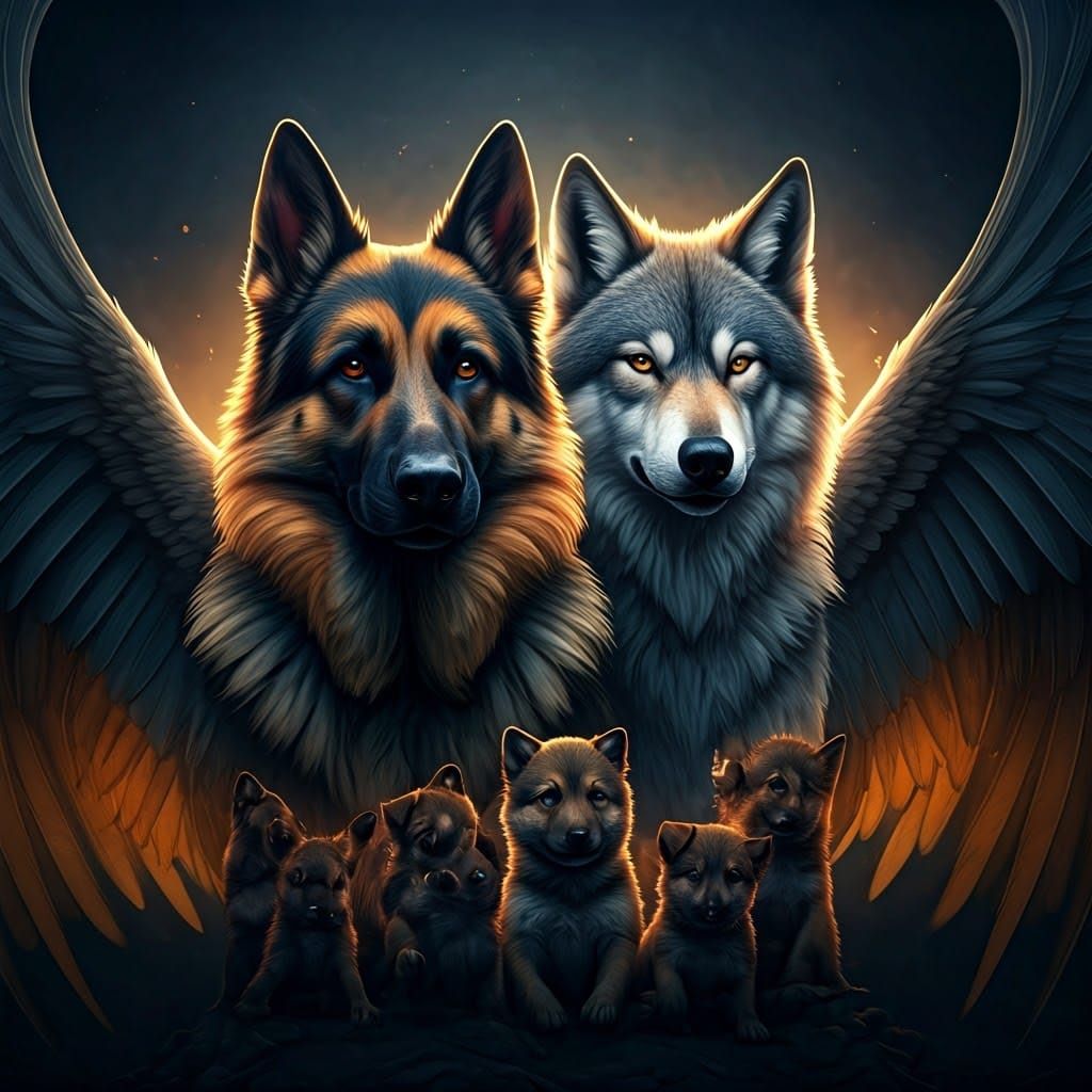 Winged German Shepherd and Wolf Portrait