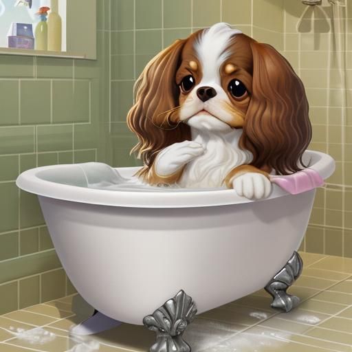 Cartoon Cavalier King Charles Spaniel in Bubbles