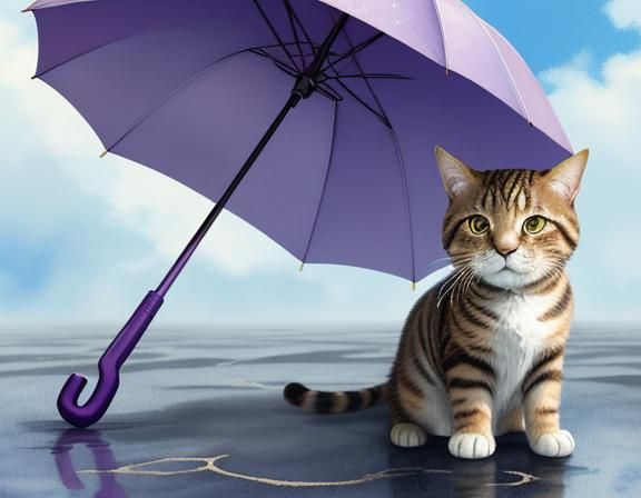 Sad Tabby Cat with Umbrella in Watercolor Style
