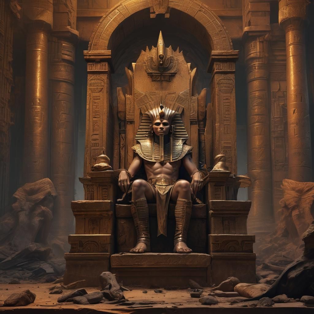 Surreal Fantasy Pharaoh Reigns on Ruined Throne in Dark, Omi...