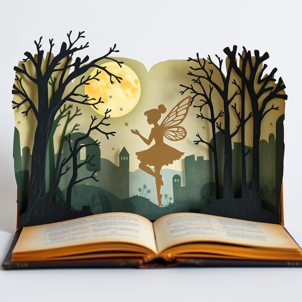 Vintage Pop-Up Book with Fairy Silhouette
