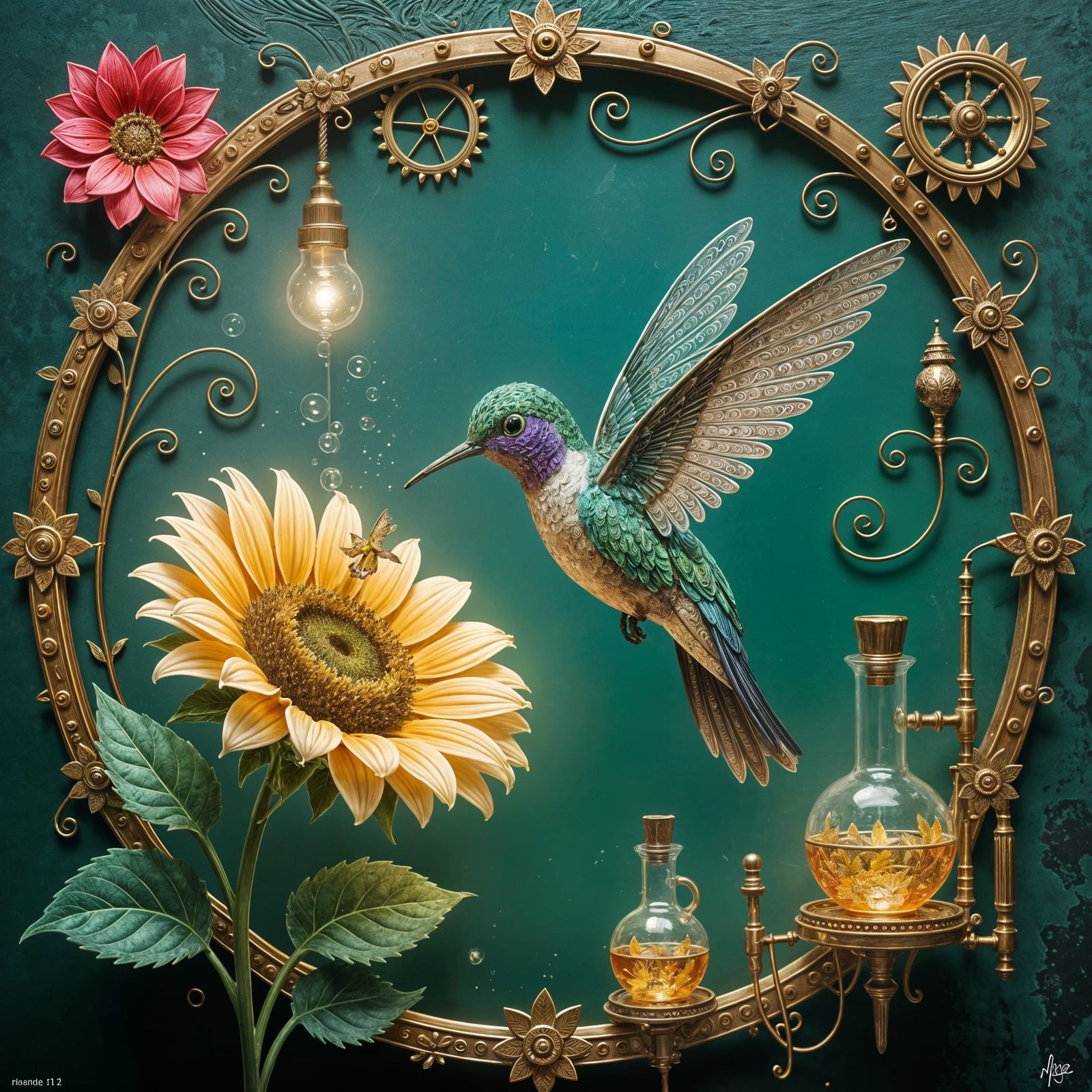 Hummingbird-Sunflower Hybrid in Bioluminescent Steampunk Gar...