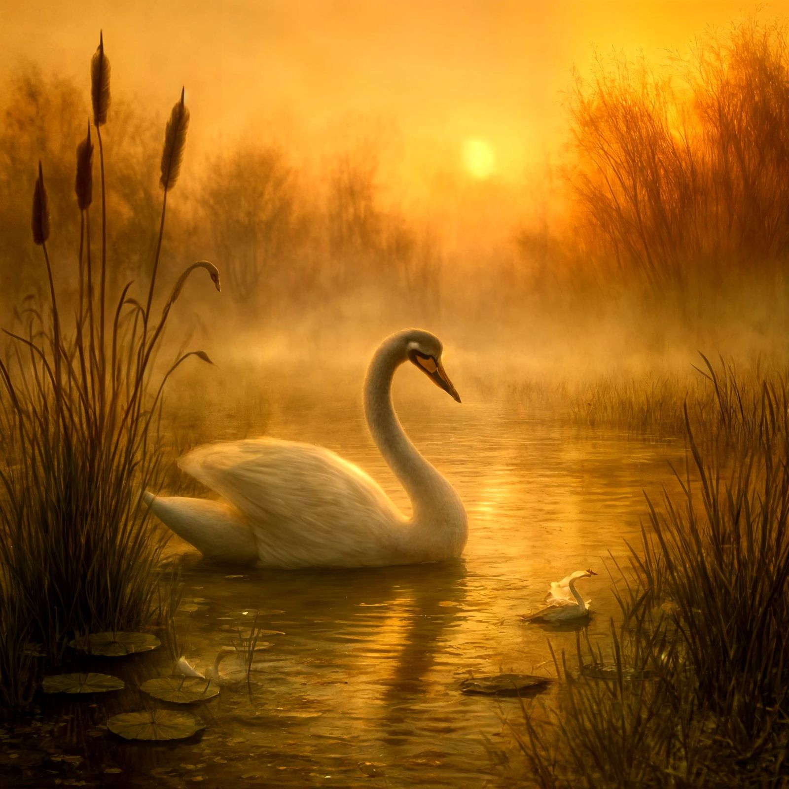 Swan Glides on Misty Pond at Sunrise