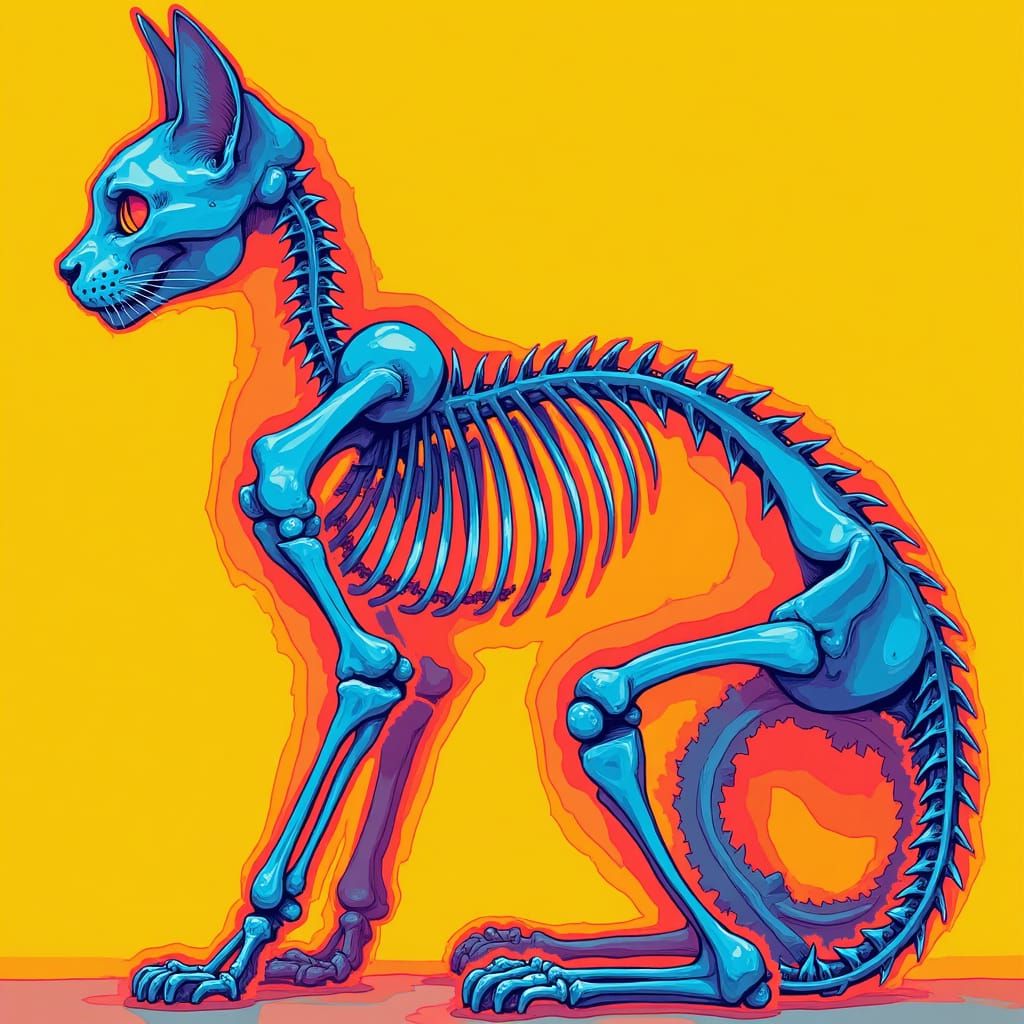 Skeleton Cat in Pop Art Style Screen Print