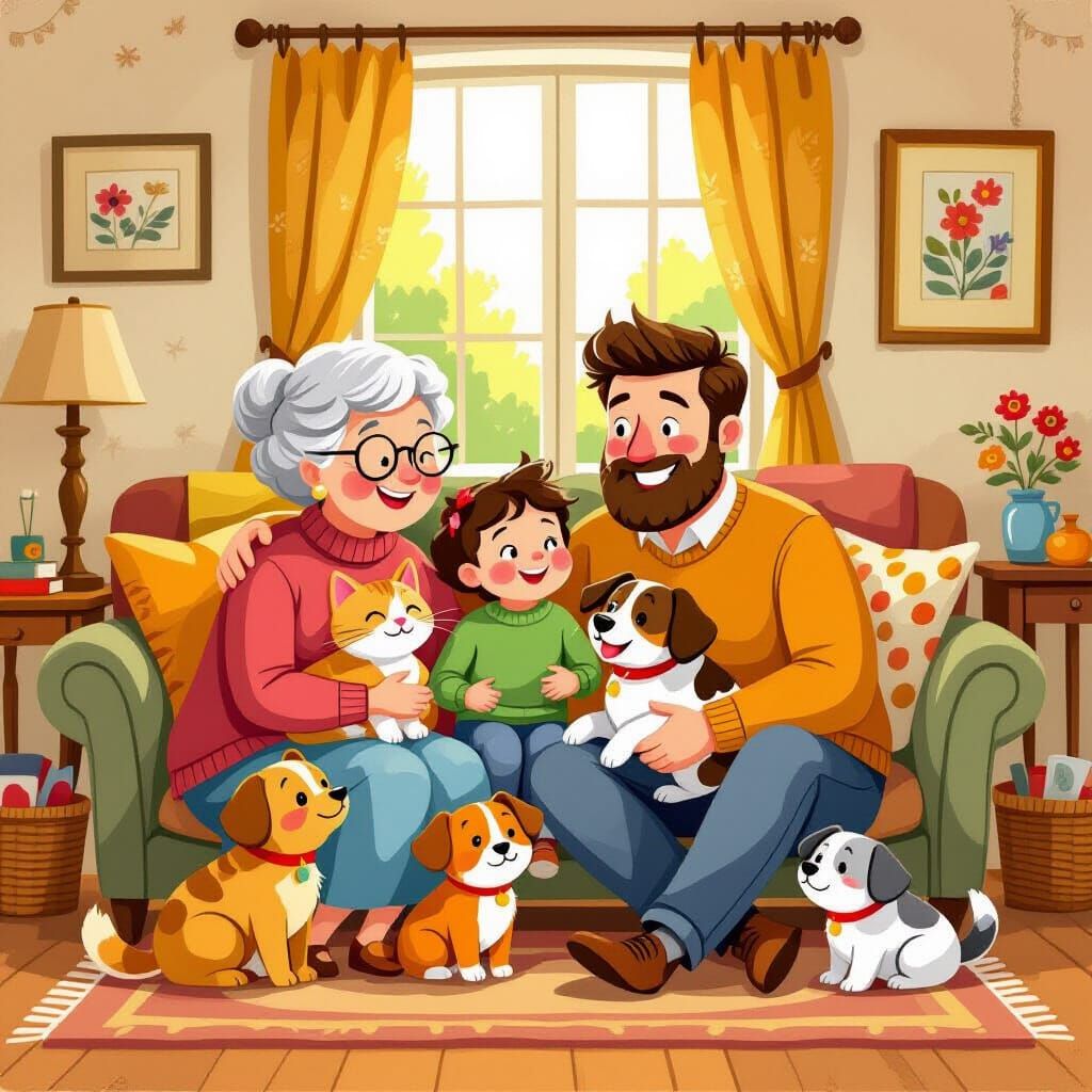 Happy Family Portrait in Children's Book Illustration Style