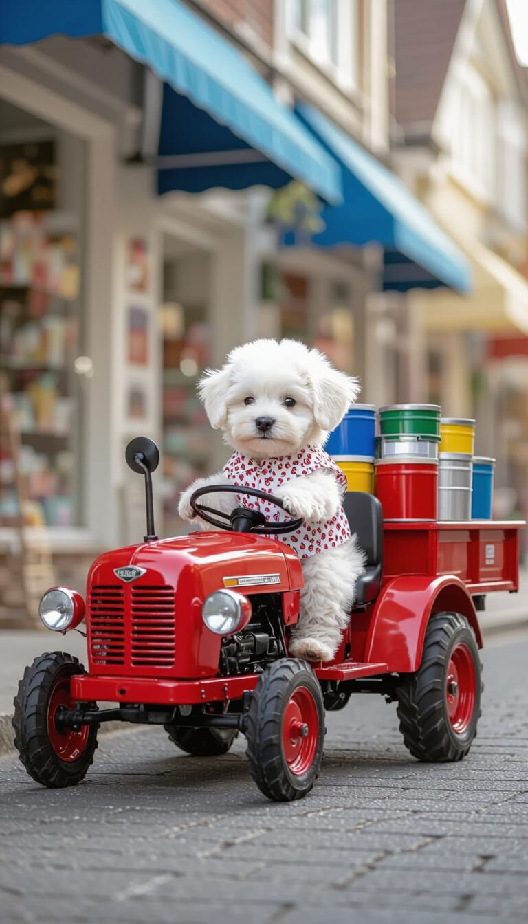 Puppy Drives Tractor with Paint, Whimsical Art Style