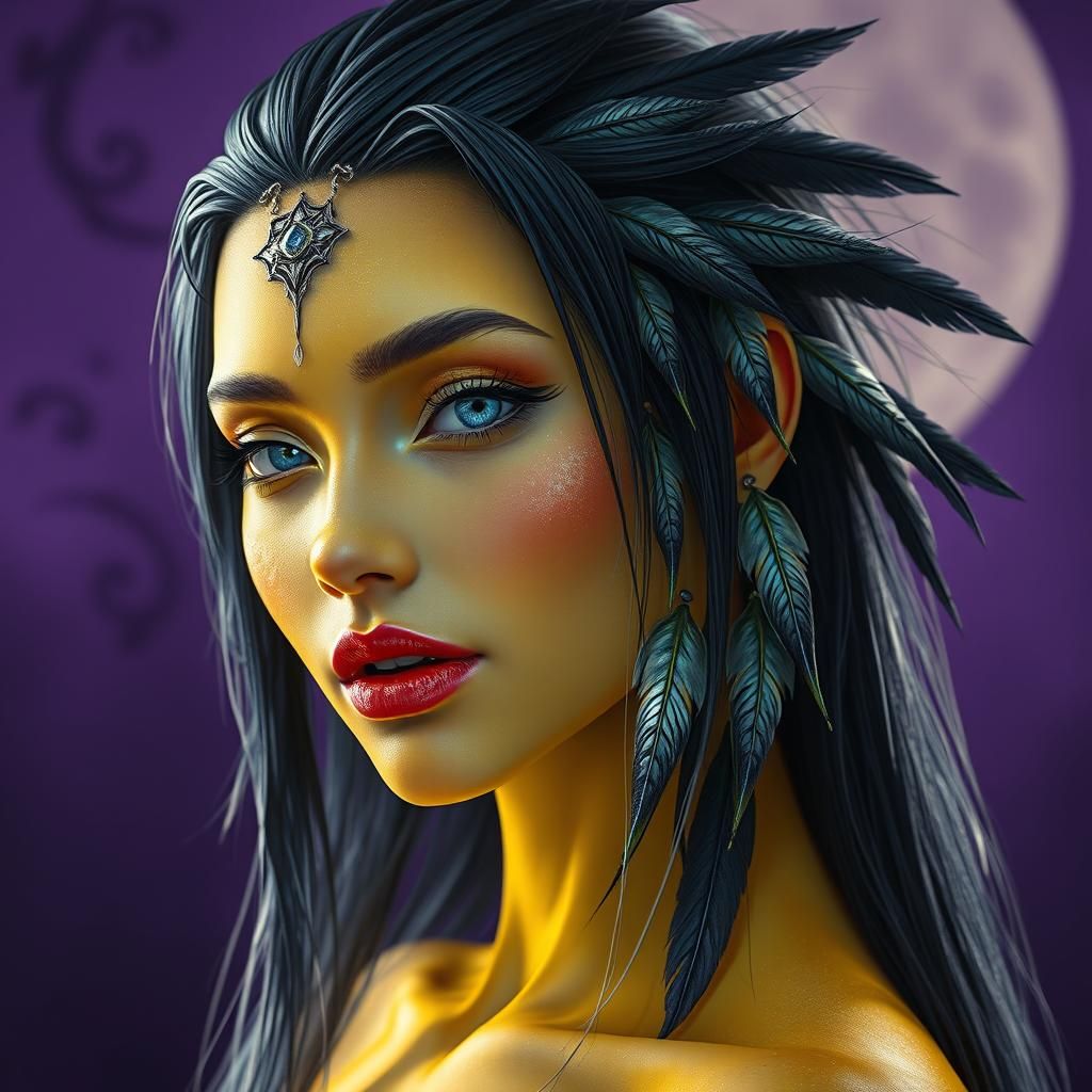 Ethereal Woman with Feathers and Silver Eyes