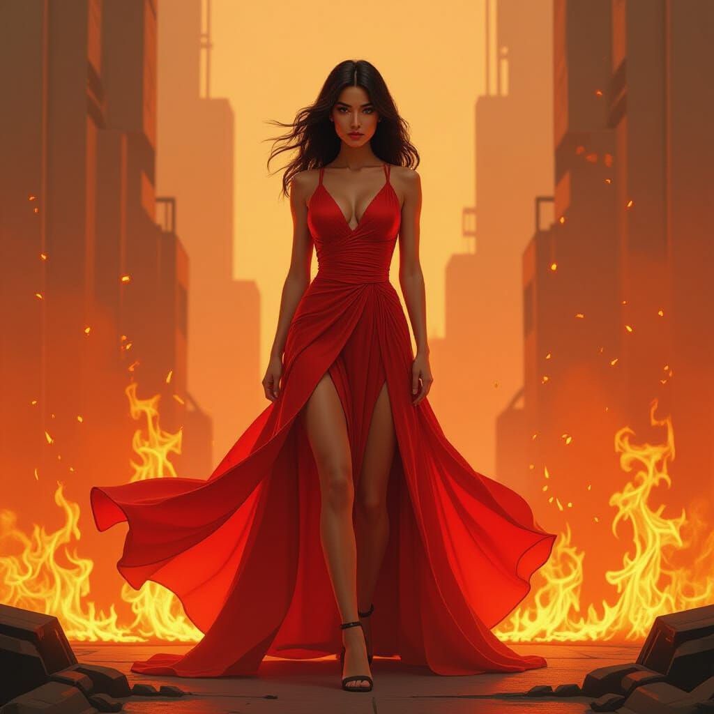 Fiery Woman in Flowing Red Dress