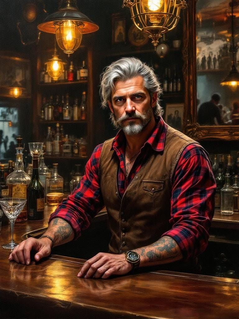 Dark Tavern Oil Painting with Bartender and Golden Light