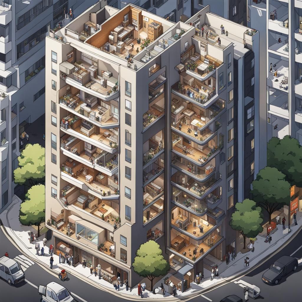 Isometric X-Ray View: Multicultural Building in Comic Style