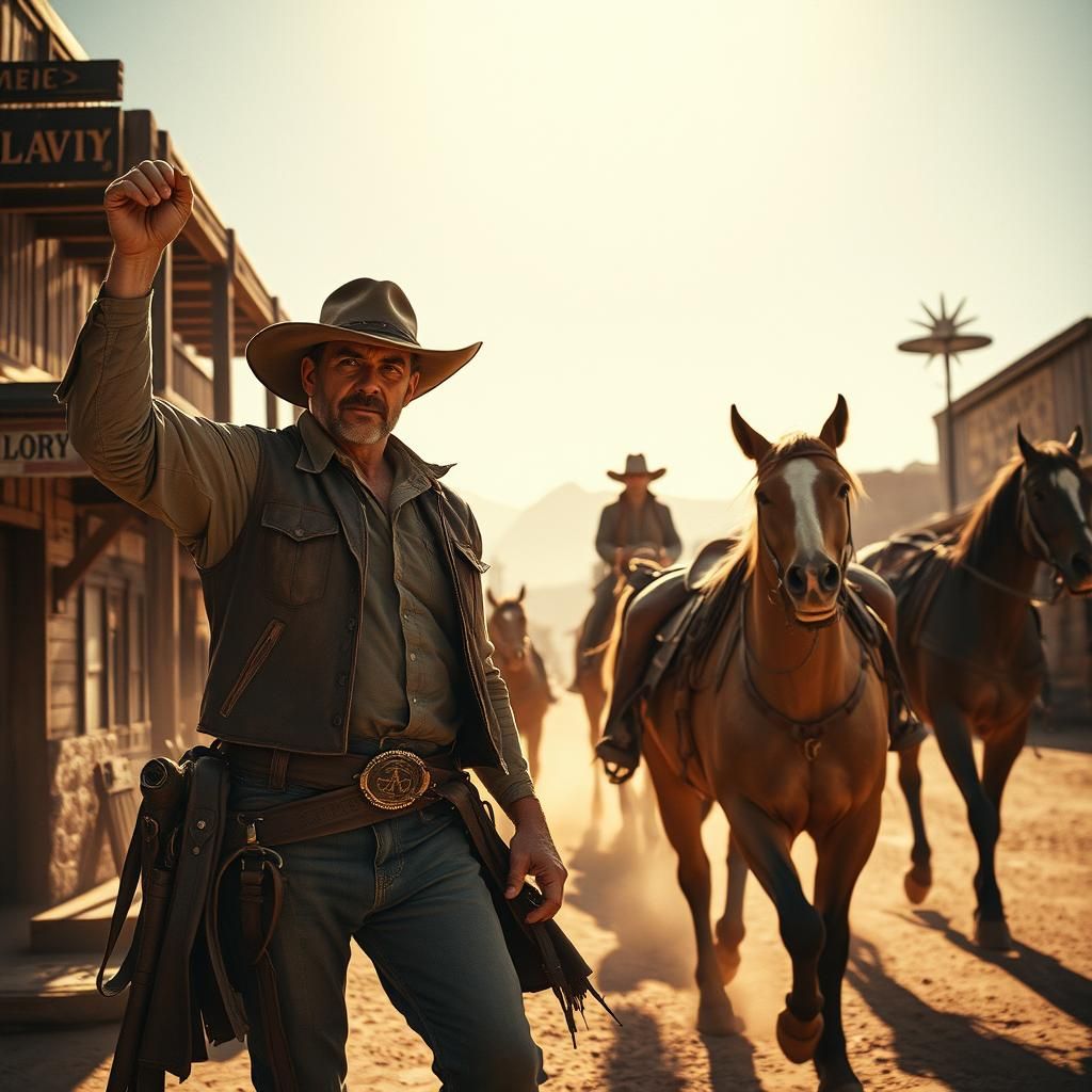 Dusty Cowboys Arrive: Hyperrealistic Wild West Scene