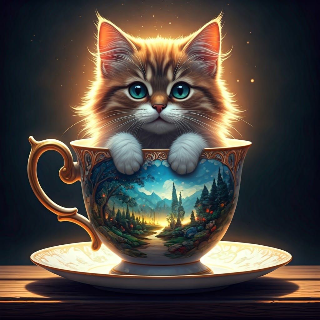 Cat in Teacup: Art Nouveau Dreamscape