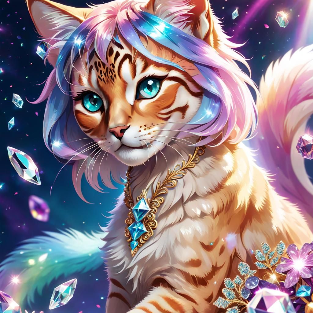 Dazzling Bengal Kitten with Iridescent Gemstone Background