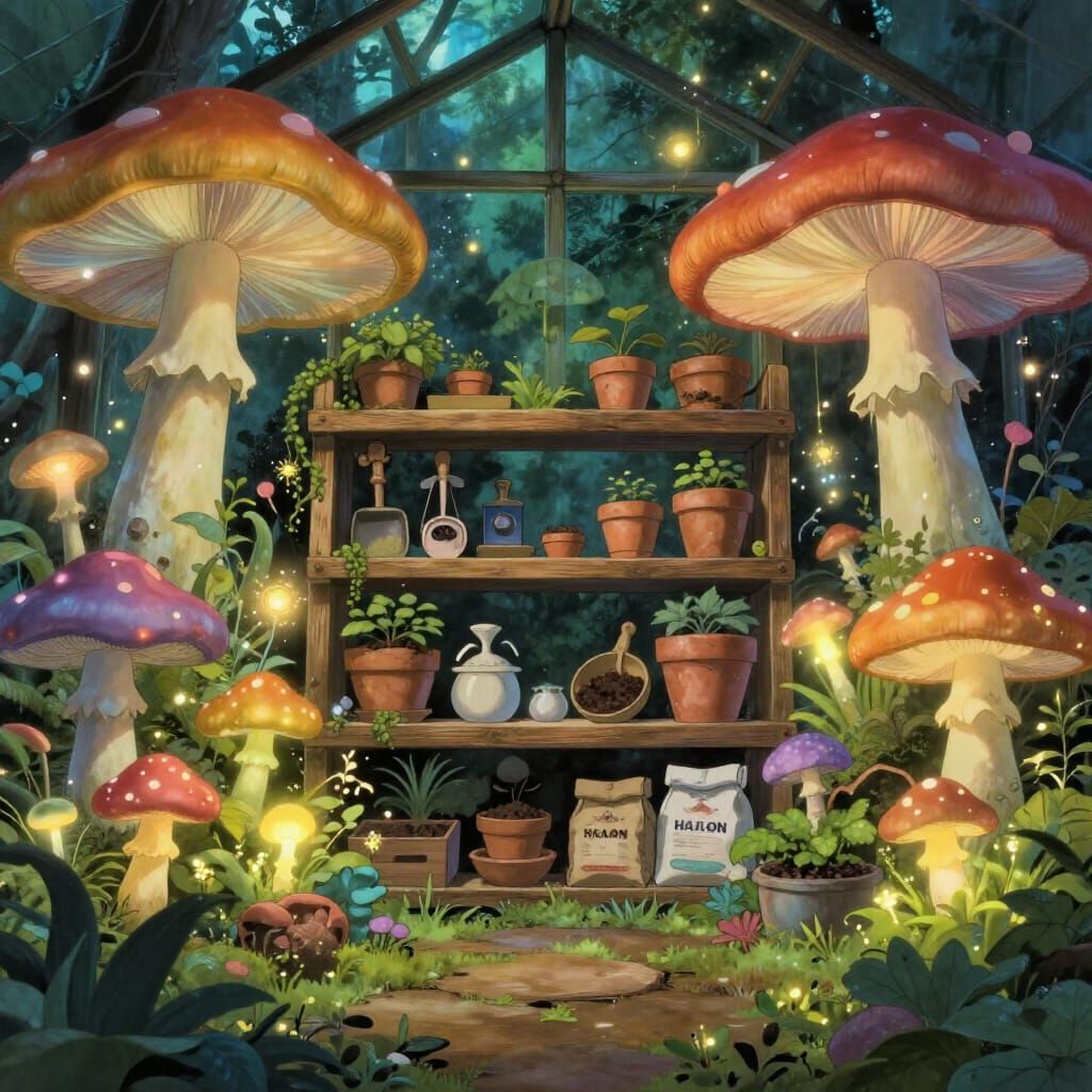 Whimsical Greenhouse Interior with Glowing Flora