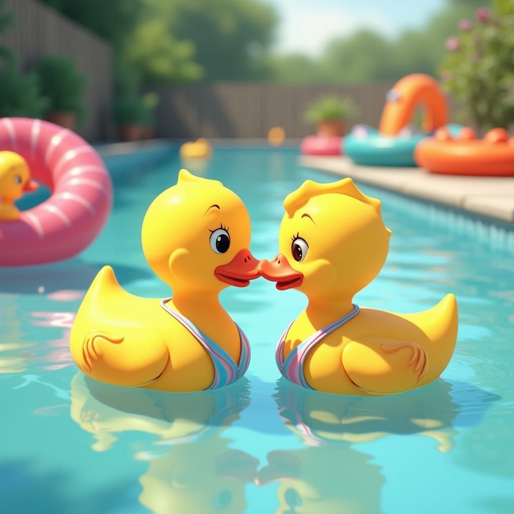 Quacking Lovers Splash in a Vibrant Backyard Oasis