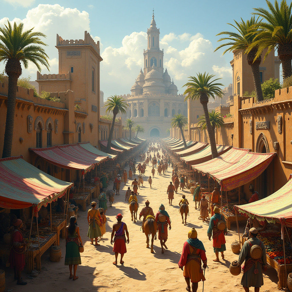 Lively Medieval Fantasy African City in Matte Painting Style