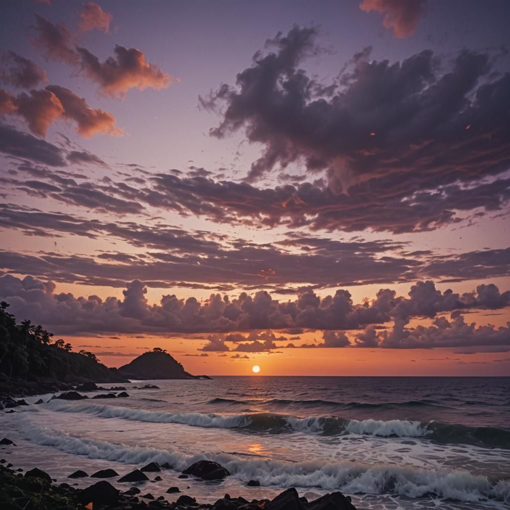 Dramatic Data Sea Sunset on Remote Island