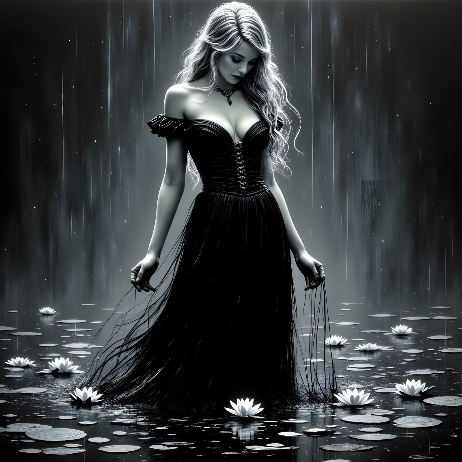 Norse Goddess in Lily Pond, Black Paint Art