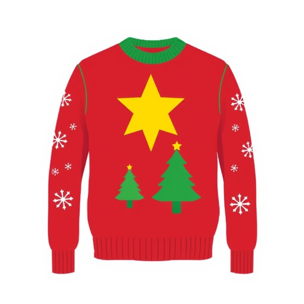 Vibrant Holiday Sweater in Red and Green with Yellow Star an...