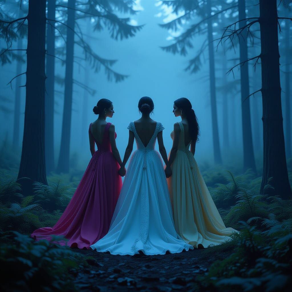 Ethereal Women in Misty Forest, Cinematic Style